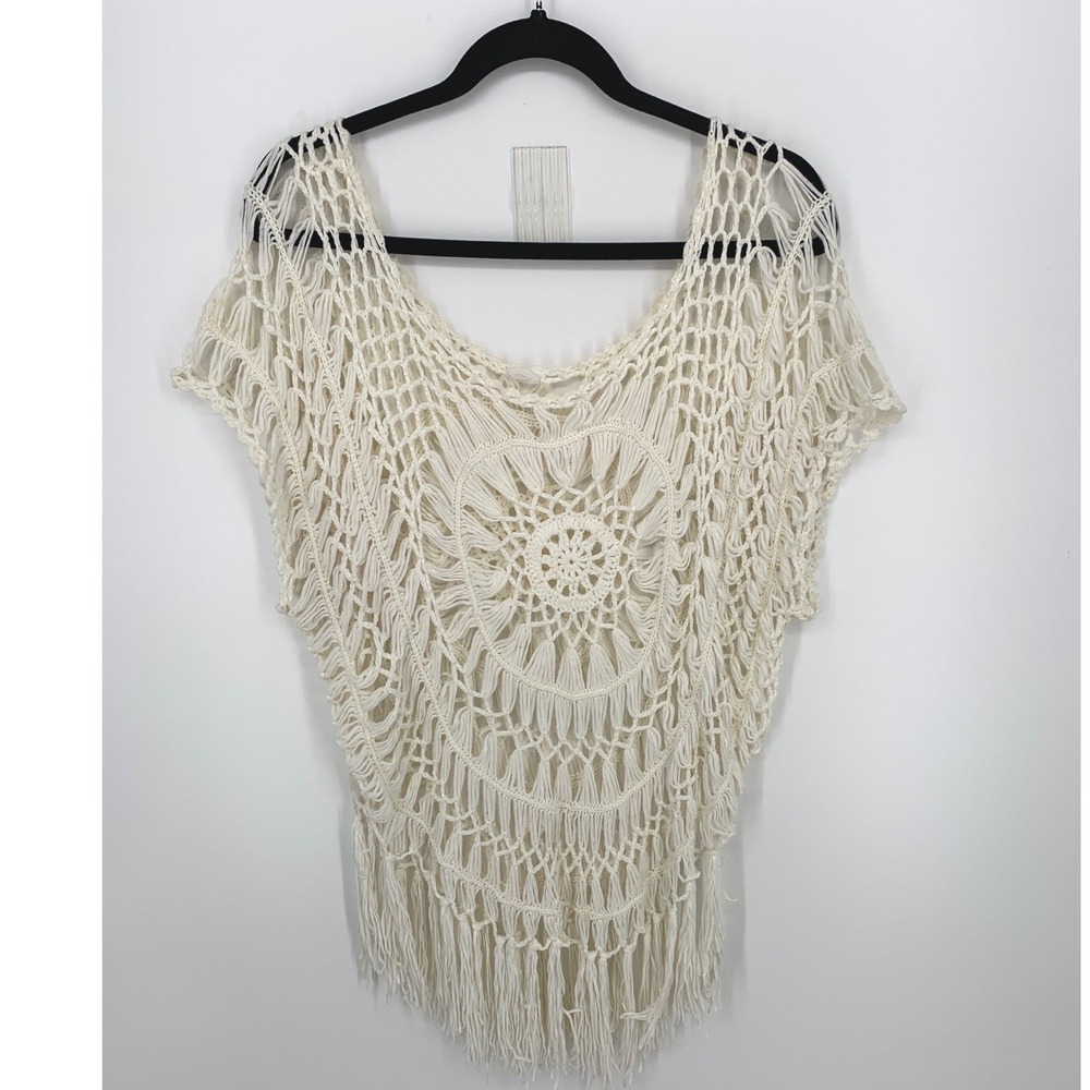 Crochet Fringe Open Knit Festival Top Cover Up Size Medium